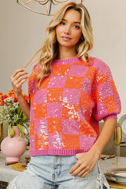 BiBi Checkered Short Sleeve Sequin Sweater - Fashionmj