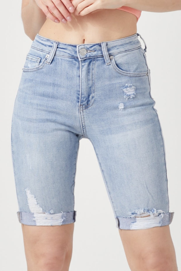 RISEN High Rise Distressed Denim Bermuda Shorts - Fashionmj