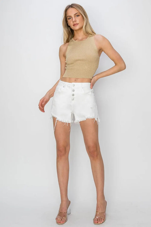 RISEN Button Fly Frayed Hem Denim Shorts - Fashionmj