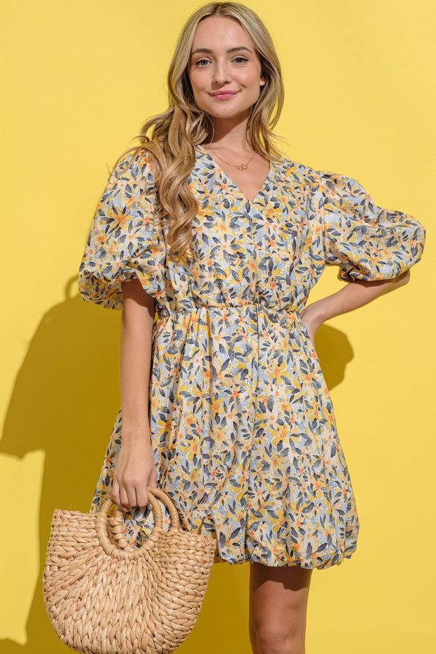 And The Why Full Size Floral Surplice Puff Sleeve Dress - Fashionmj