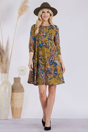 Celeste Full Size Paisley Print Round Neck Dress with Pockets - Fashionmj