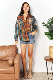 Double Take Plaid Curved Hem Shirt Jacket with Breast Pockets - Fashionmj