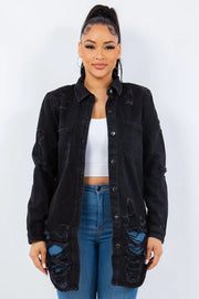 American Bazi Distressed Button Up Long Sleeve Denim Jacket - Fashionmj