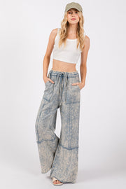 SAGE + FIG Mineral Washed Terry Wide Leg Pants - Fashionmj