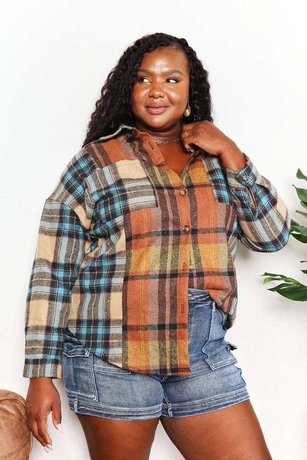 Double Take Plaid Curved Hem Shirt Jacket with Breast Pockets - Fashionmj