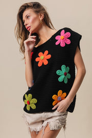 BiBi Flower Round Neck Cap Sleeve Knit Top - Fashionmj