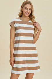 Basic Bae Full Size Striped Round Neck Cap Sleeve Mini Dress - Fashionmj