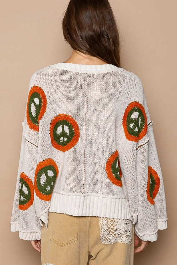 POL V Neck Long Sleeve Peace Pattern Sweater - Fashionmj