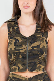 American Bazi Zip Up Camo Crop Denim Vest - Fashionmj