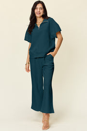 Double Take Full Size Texture Half Zip Short Sleeve Top and Pants Set - Fashionmj