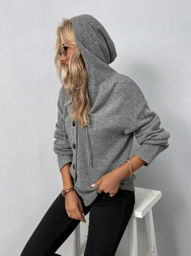 Button-Down Long Sleeve Hooded Sweater - Fashionmj