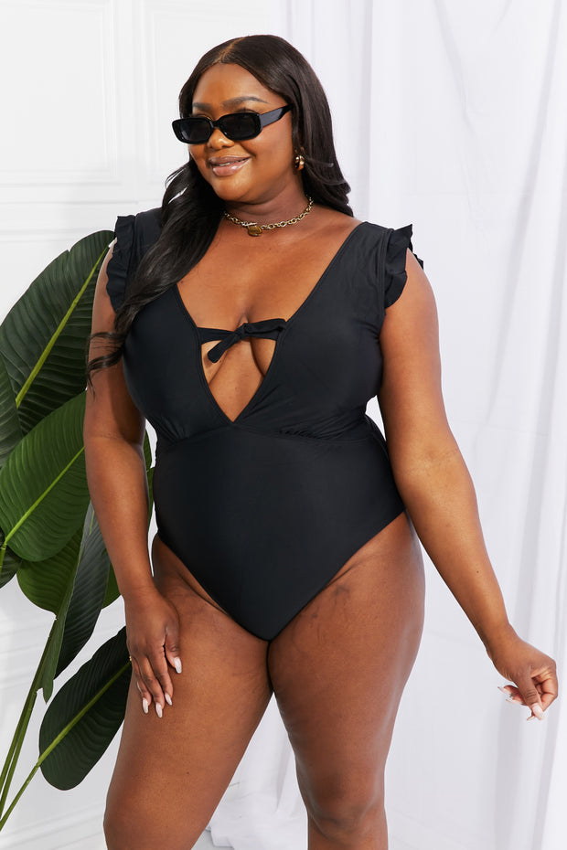 Marina West Swim Seashell Ruffle Sleeve One-Piece in Black - Fashionmj