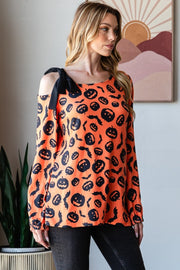 Heimish Pumpkin Print One Shoulder T-Shirt - Fashionmj