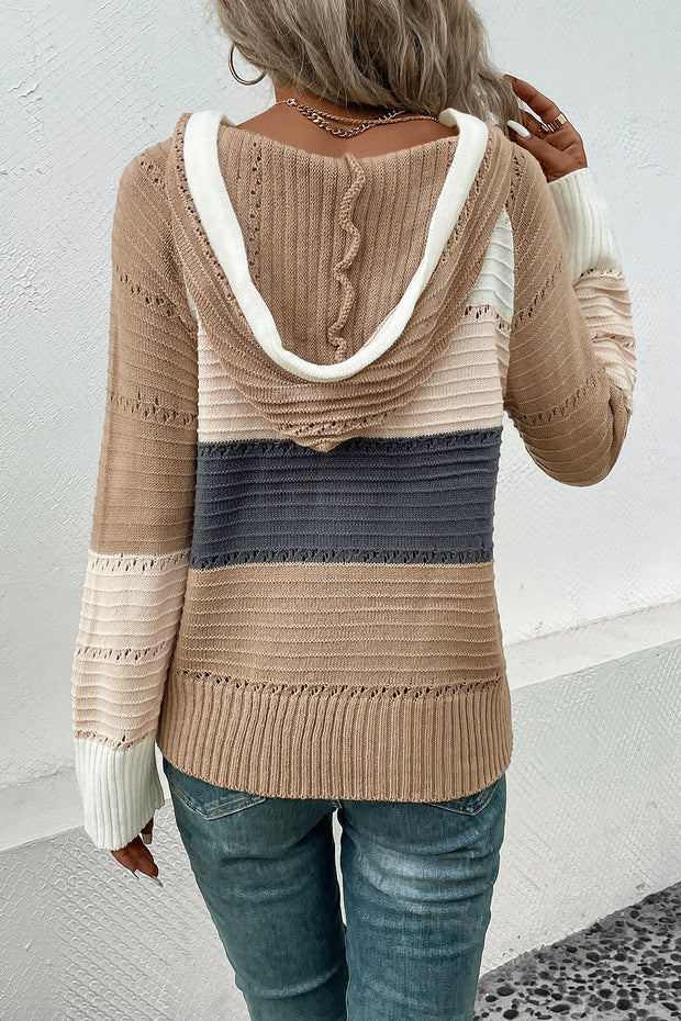 Color Block Drawstring Hooded Sweater - Fashionmj