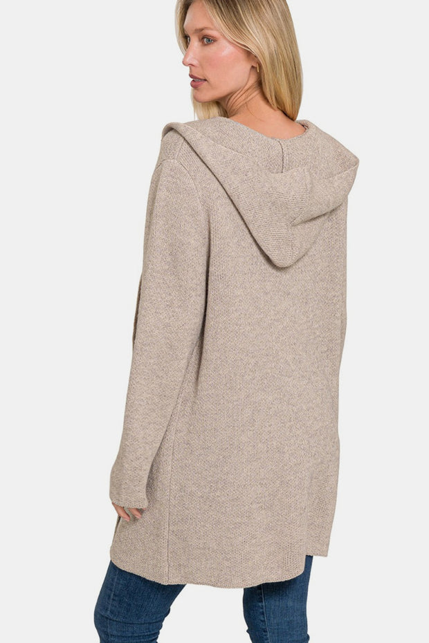 Zenana Hooded Open Front Sweater Cardigan - Fashionmj