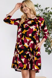 Celeste Full Size Geometric Round Neck Dress with Pockets - Fashionmj