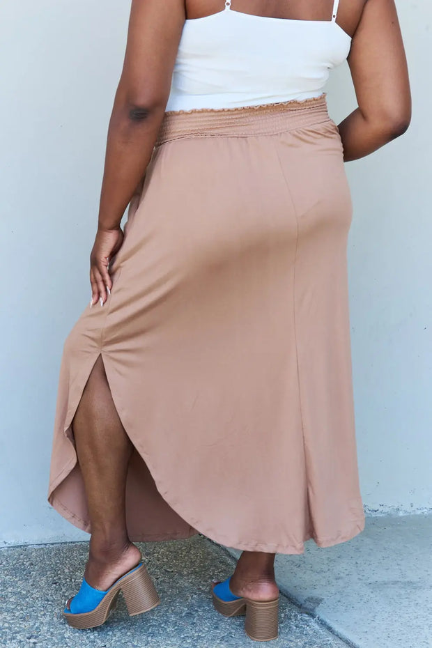 Doublju Comfort Princess Full Size High Waist Scoop Hem Maxi Skirt in Tan - Fashionmj