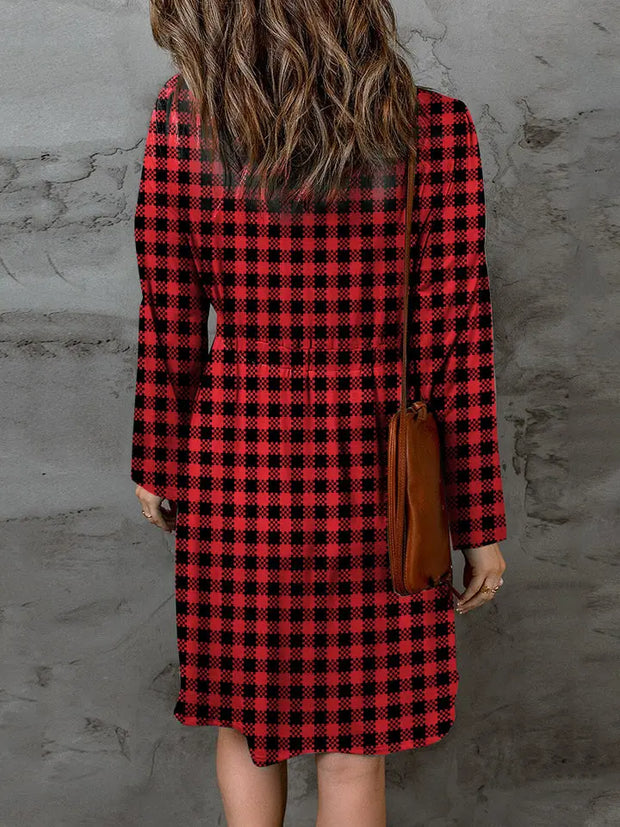 Double Take Full Size Plaid Round Neck Long Sleeve Magic Dress - Fashionmj