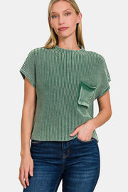 Zenana Washed Mock Neck Short Sleeve Cropped Sweater - Fashionmj