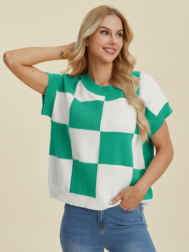 Double Take Full Size Checkered Round Neck Short Sleeve Sweater - Fashionmj