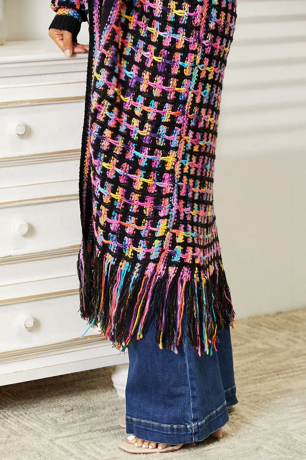 Full Size Multicolored Open Front Fringe Hem Cardigan - Fashionmj