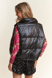 J.NNA Snap and Zipper Shiny Metallic Puffer Vest - Fashionmj