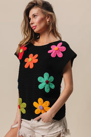 BiBi Flower Round Neck Cap Sleeve Knit Top - Fashionmj