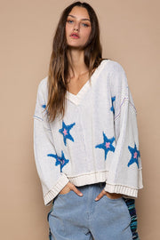 POL Long Sleeve Star Patch Sweater - Fashionmj