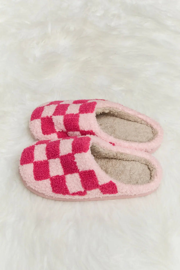 Melody Checkered Print Plush Slide Slippers - Fashionmj