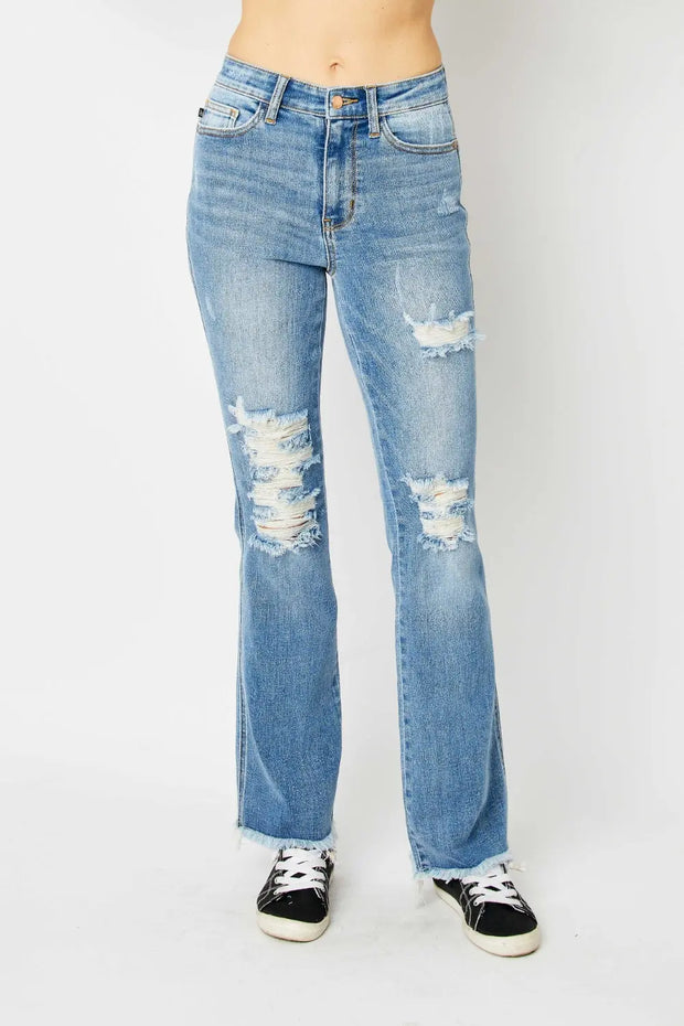 Judy Blue Full Size Distressed Raw Hem Bootcut Jeans - Fashionmj