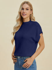 Double Take Full Size Mock Neck Short Sleeve Sweater - Fashionmj