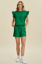 Double Take Full Size Texture Round Neck Ruffle Sleeve Top and Shorts Set - Fashionmj