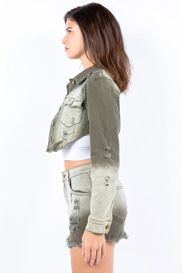 American Bazi Distressed Ombre Washed Cropped Denim Jacket - Fashionmj