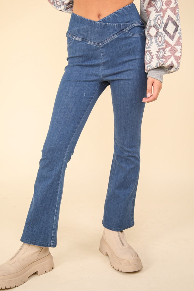 VERY J Washed Denim Stretchy Crossover Waist Leggings