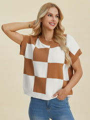 Double Take Full Size Checkered Round Neck Short Sleeve Sweater - Fashionmj