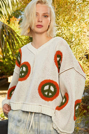 POL V Neck Long Sleeve Peace Pattern Sweater - Fashionmj