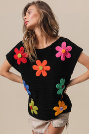 BiBi Flower Round Neck Cap Sleeve Knit Top - Fashionmj