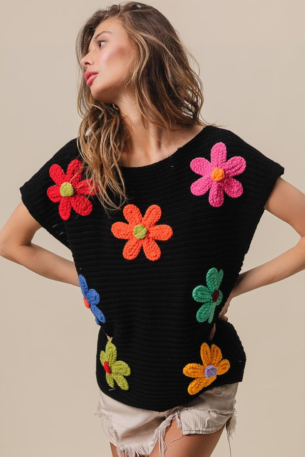 BiBi Flower Round Neck Cap Sleeve Knit Top - Fashionmj