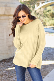 Basic Bae Full Size Ribbed Round Neck Long Sleeve Knit Top - Fashionmj