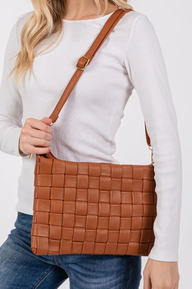 Fame Faux Leather Basket Weave  Crossbody Bag Trendsi