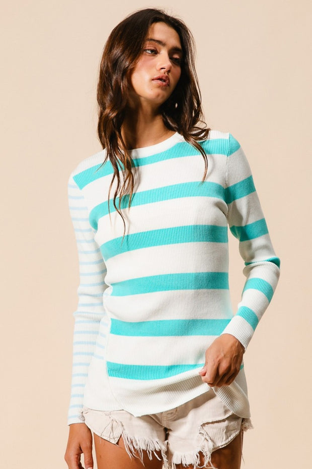 BiBi Contrast Striped Asymmetrical Hem Knit Top - Fashionmj