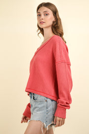 VERY J Exposed Seam V-Neck Ribbed Knit Top - Fashionmj