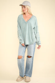 VERY J Washed V-Neck Exposed Seam Knit Top - Fashionmj