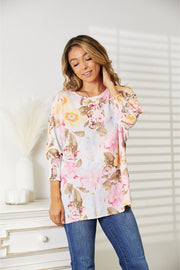 Double Take Floral Round Neck Three-Quarter Sleeve Top - Fashionmj