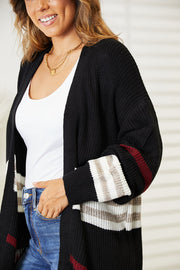 Perfee Striped Rib-Knit Drop Shoulder Open Front Cardigan - Fashionmj