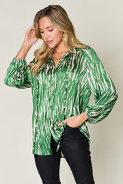 Double Take Full Size Printed Button Up Long Sleeve Shirt - Fashionmj