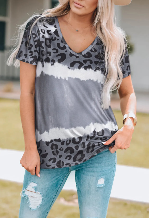 Leopard V-Neck Short Sleeve T-Shirt - Fashionmj