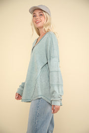 VERY J Washed V-Neck Exposed Seam Knit Top - Fashionmj