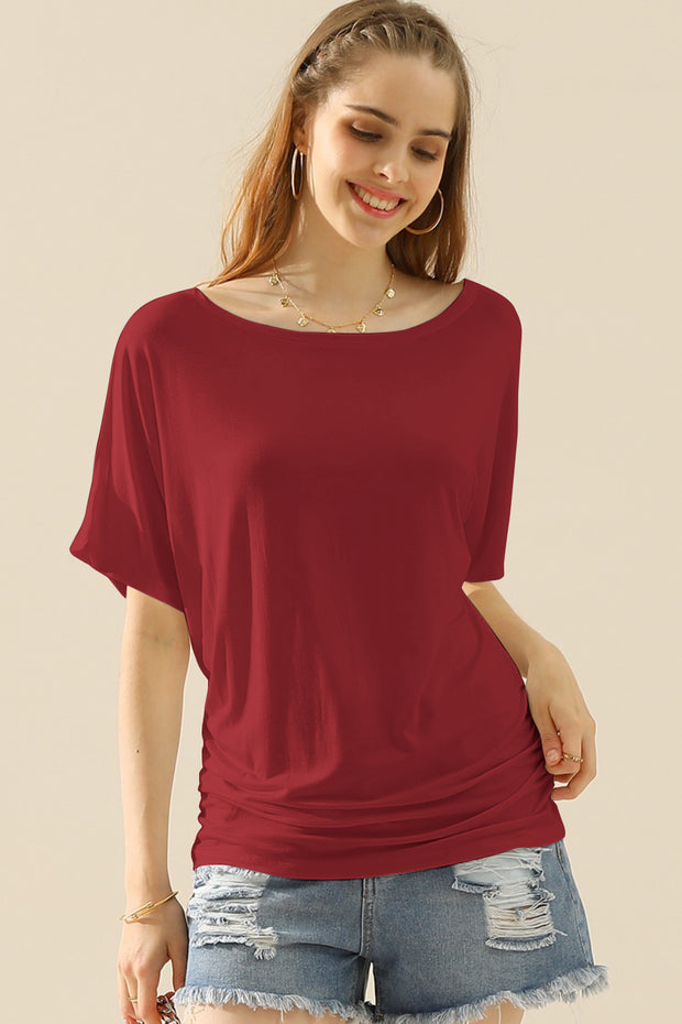 Ninexis Boat Neck Short Sleeve Ruched Side Top - Fashionmj