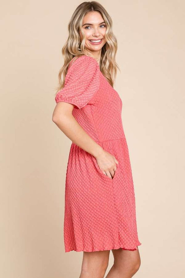 Culture Code Full Size Textured Round Neck Puff Sleeve Dress - Fashionmj